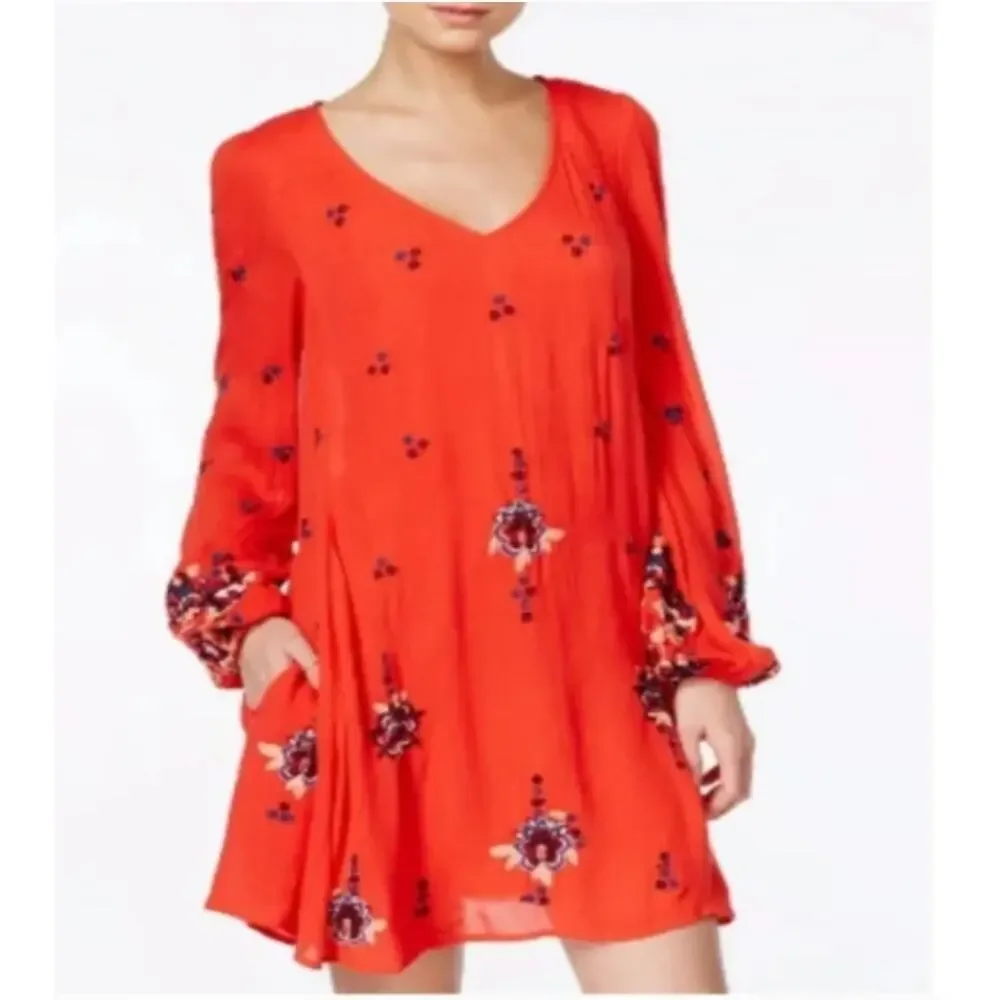 FREE PEOPLE Oxford Embroidered Mini Dress in Coral Red  // S
